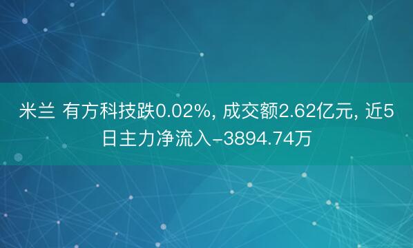 米兰 有方科技跌0.02%， 成交额2.62亿元， 近5日主力净流入-3894.74万